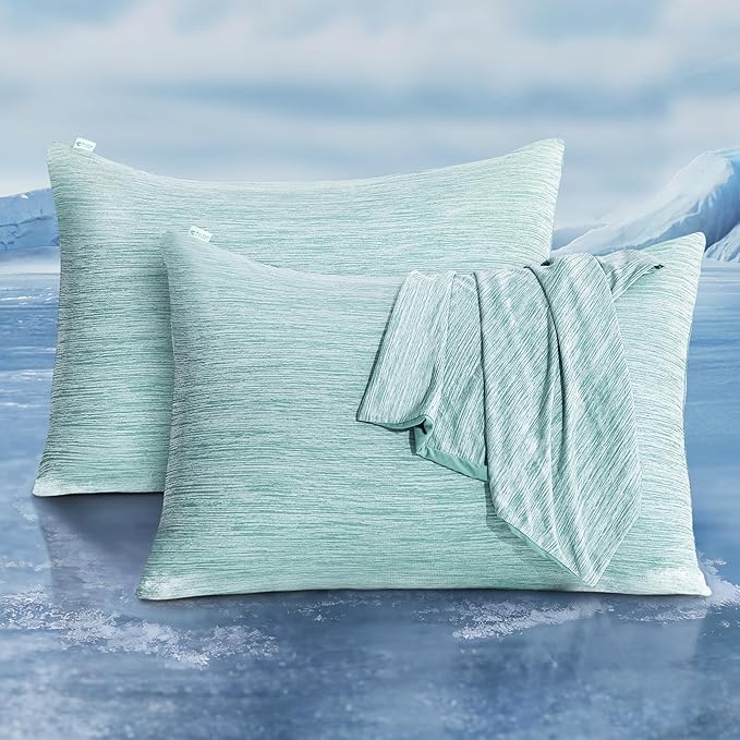 LUXEAR 2 Pack Cooling Pillow Cases for Hot Sleepers Queen Size, Arc-Chill Q-Max > 0.5, Hair & Skin Friendly, Double-Sided, Machine Washable, Hidden Zipper, Gifts for Women & Men, Green