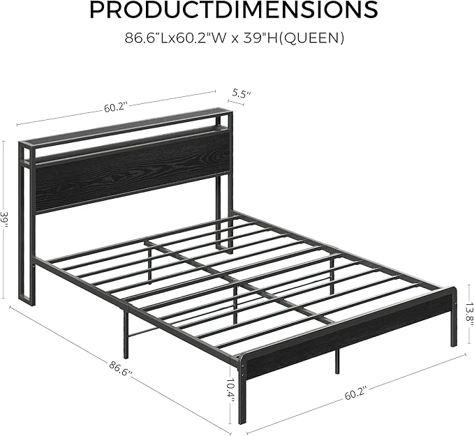 LIKIMIO Queen Bed Frame with Headboard, Dark Wood Camas Queen with Strong Supports, Sturdy, Noise-Free, No Box Spring Needed, Black