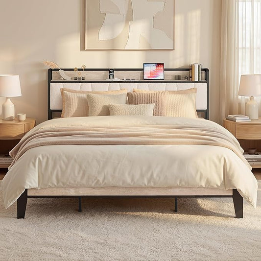 LIKIMIO King Size Bed Frames, Bouclé Storage Headboard with Charging Station, Solid and Stable, Noise Free, No Box Spring Needed, Easy Assembly