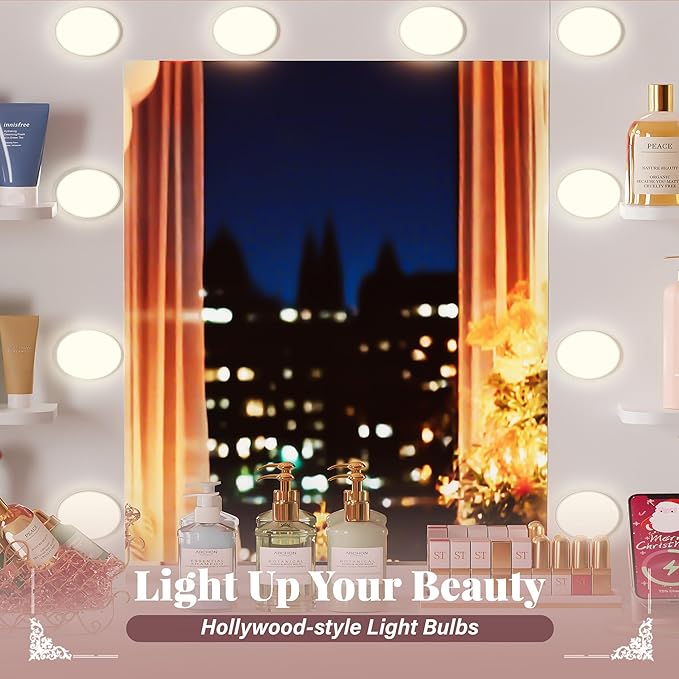 Furmax Vanity Desk with Mirror and LED Light Bulb, Small Makeup Vanity Table with Drawers, Dressing Table with Power Outlet and Hair Drayer Holder for Bedroom (White & Gold)