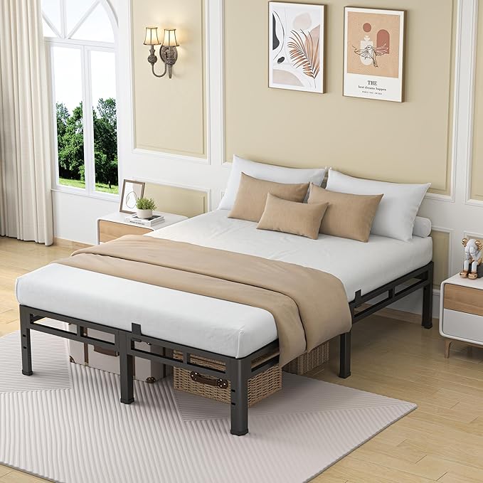 NKZ 12 Inch Queen Size Bed Frame, Metal Bed Frame & Box Spring 2 in 1 Platform with Round Corner Legs, 4000Lbs Heavy Duty Metal Frame, Mattress Slide Stopper, Headboard Hole, Noise-Free, Easy Assembly