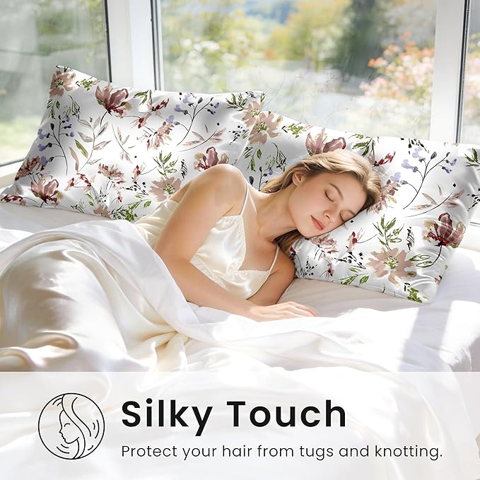EXQ Home Satin Pillowcase for Hair and Skin Queen - Printed Blush Vine Silk Pillow Cases 2 Pack 20x30 inches - Satin Pillow Cases Set of 2 with Envelope Closure, Gifts for Women Men