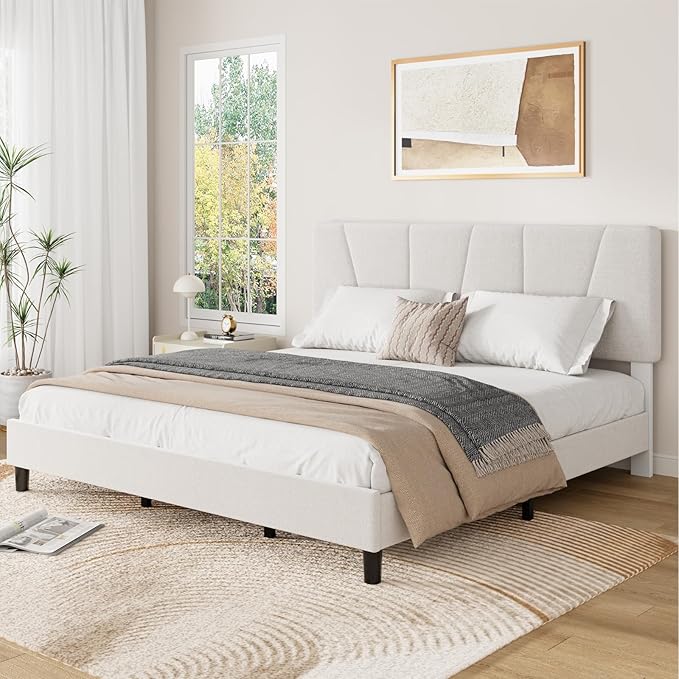King Size Upholstered Platform Bed Frame with Adjustable Headboard, Fits 8-14 Inch Mattress, Heavy Duty Bed Frame with Wooden Slats Support, Noise-Free, Non-slip, No Box Spring Needed, Easy Assembly
