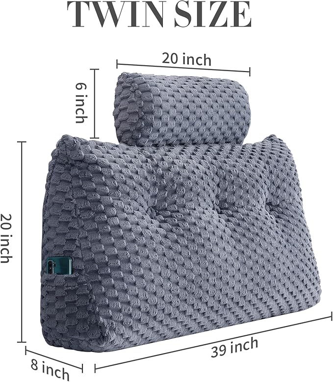 Wedge Headboard Pillow - Bed Wedge Pillow for Headboard Triangular Head board Pillows with Neck Roll -Large Bolster Pillows for Sitting in Bed Backrest Positioning Support (Grey,39x8x20 Inches)