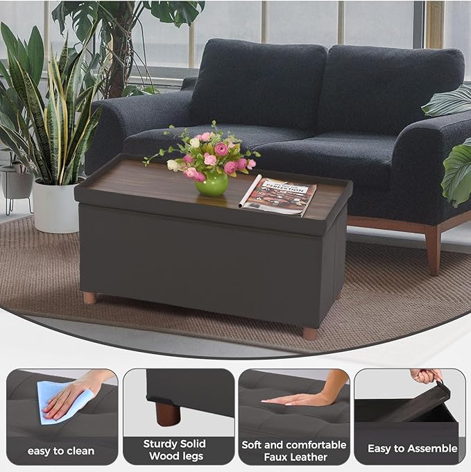 Dorriss Ottoman Storage Bench for Living Room with Tray, Bedroom Foot Stool, Coffee Table Lid, End of Bed Faxu Leather 30" Inch (L-Grey)
