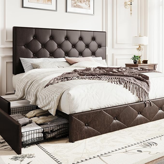 SHA CERLIN Upholstered Full Size Platform Bed Frame with 4 Storage Drawers, Adjustable Headboard with Diamond Stitched Button Tufted Design, Wooden Slat Support, No Box Spring Needed, Black Brown