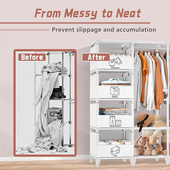 Portable Closet, Easy Assembly, Large Capacity Wardrobe Closet, Sturdy and Stable Clothes Rack with Shelves 4 Storage Baskets and 2 Hanging Rods, for Bedroom and Cloakroom White