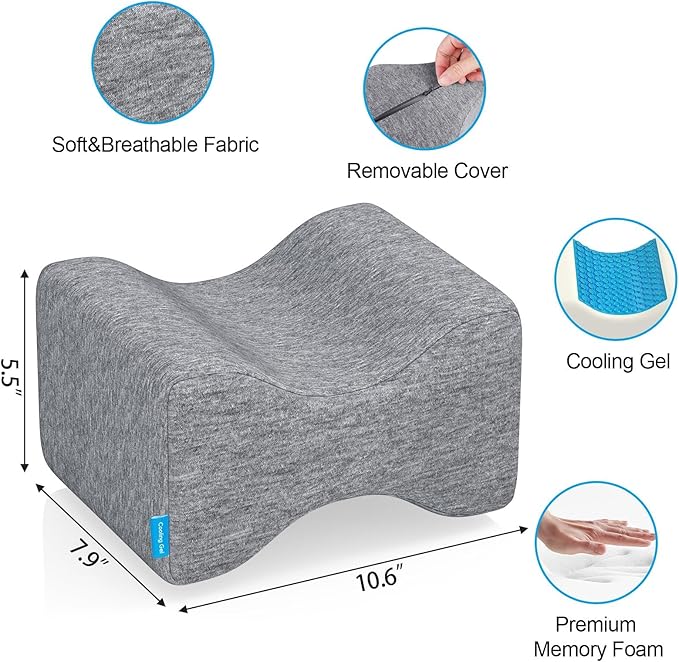 Knee Pillow for Side Sleepers with Cooling Gel, Memory Foam Elevation Pillow for Spine Aligning, Sciatica, Back, Hip, Knee, Ankle Pain, Grey/Regular
