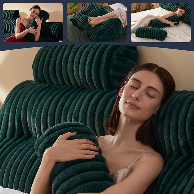 Rycwola Faux Fur Headboard Pillow with 2 Pack Neck Roll Pillow Large Headboard Pillow Soft and Supportive with Removable Cover (Green, King)