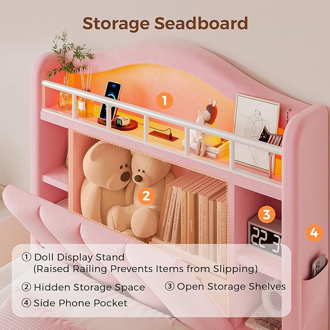 Twin LED Bed Frame with Storage Headboard & 2 Storage Drawers, Princess Velvet Upholstered Bed with Vertical Tufted Headboard Design for Girls, USB & Type-C Charging Ports, Wooden Slats Support, Pink