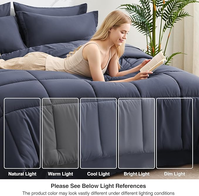 Love's cabin King Size Comforter Set Indigo Blue, 7 Pieces King Bed in a Bag, All Season Bedding Sets with 1 Comforter, 1 Flat Sheet, 1 Fitted Sheet, 2 Pillowcase and 2 Pillow Sham | Soft, Breathable, Lightweight, Comfortable