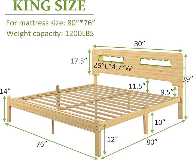 ZIYOO King Size Platform Bed Frame 12 Inch, Natural Bamboo Frame with Middle Iron Slats, Sturdy & Quiet Bed Base for Mattress, Tool-Free Assembly Bedroom Furniture