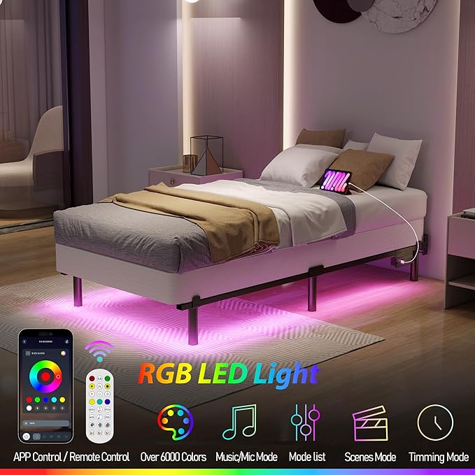 Adjustable Bed Frame with Smart LED Lights & Charging Station,Sturdy Metal Platform Bed Base for Box Spring & Mattress,Headboard Compatible,Length Extendable,Twin/Full/Queen/King Size (7 Inch, Twin)