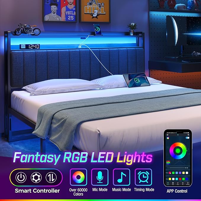 Rolanstar Headboard for King Size Bed with Storage, 60,000 DIY Color of LED Light, Head Board with USB & Type C Port, Height Adjustable, Black Upholstered Cabeceras de Cama Comfortable Modern, Linen
