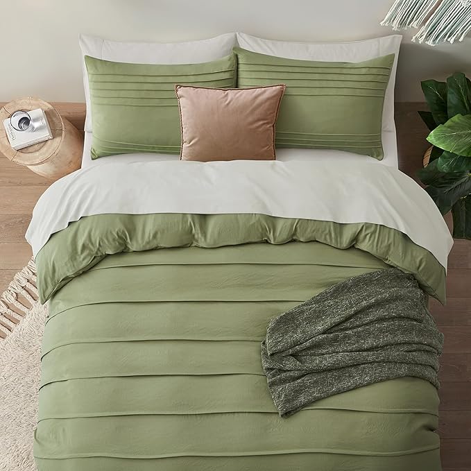 Oli Anderson Sage Green Duvet Cover King Size - Pleated King Duvet Cover, 3PCS Soft and Breathable Textured Bedding Set with Zipper Closure(Sage Green,104"x90")