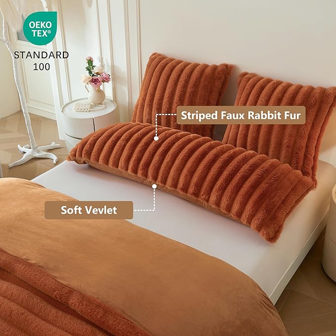 MEGO Fluffy Faux Rabbit Fur Body Pillow Cover, Comfy Plush Fuzzy Striped 20x54 Bed Body Pillowcase, Shaggy Furry Ribbed Bedroom Long Pillow Case with Zipper for Kids Girls Teens Adults, Burnt Orange