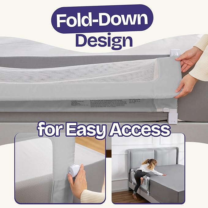 ComfyBumpy Premium Adjustable Bed Rail for Toddlers, Swing-Down Safety Guard, Height Adjusts 24.4"–32.3" H, 35.5" Regular Length, Sturdy Steel & Breathable Mesh, for Twin, Full & Queen, Gray, 1-Pack