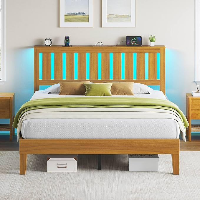 Rolanstar Full Bed Frame with Headboard, Charging Station and LED Lights, Wooden Bed Frame Foundation with Wood Slat Support, No Box Spring Needed, Pine