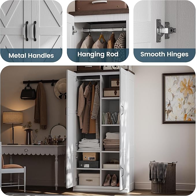 ANCTOR Wardrobe Closet with Doors, 71" H Tall Wooden Closet with 5 Clothing Shelves, Hanging Rod for Clothes, Bedroom Freestanding Armoire Storage Cabinet, Stand Alone Clothing Unit, White