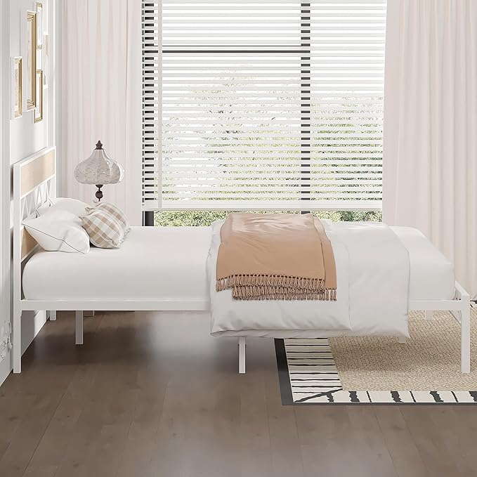 VECELO Full Size Bed Frame with Headboard, Heavy-Duty Platform Bedframe with Metal Slats Support, No Box Spring Needed, Easy Assembly, White & Natural