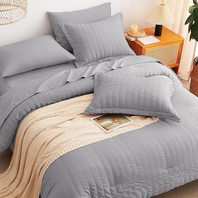 CozyLux Twin XL Comforter Set with Sheets Seersucker Grey 5 Pieces Bed in a Bag, Gray Twin Extra Long Luxury Bedding Sets for College Dorm with Down Alternative Comforter, Sheets, Pillowcase & Sham