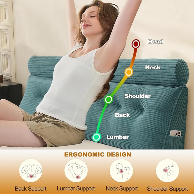 Headboard Pillow King, Large Triangular Wedge Cushion with Neck Roll Pillow for Reading Sitting Working, Backrest Positioning Support Bodypillow with Removable Washable Cover for Bed Dorm Sofa