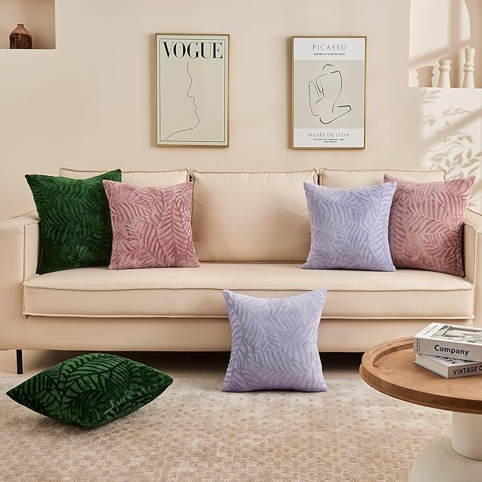 SOCHOW Decorative Throw Pillow Covers 20x20 Inches Set of 2, Soft Leaves Textured Flannel Fleece Pillowcase Square Cushion Covers for Sofa Couch Bed, Dusty Pink