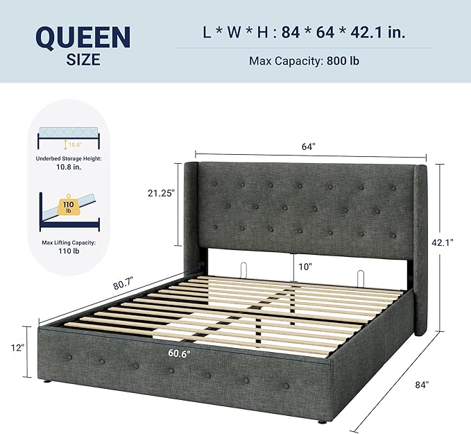 Allewie Queen Size Lift Up Storage Bed, Button Tufted Headboard with Wingback, Hydraulic Support, No Box Spring Needed, Dark Grey