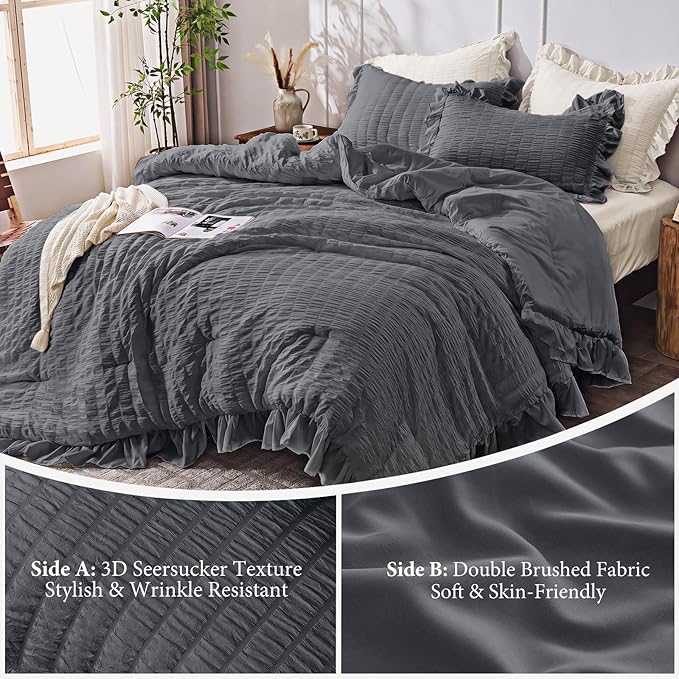 JOLLYVOGUE Dark Gray Queen Comforter Set, 3 Pieces Seersucker Bedding Comforter Sets, All Season Bed in a Bag Queen, Lightweight & Fluffy Queen Bedding Set with 1 Comforter, 2 Ruffle Pillowshams