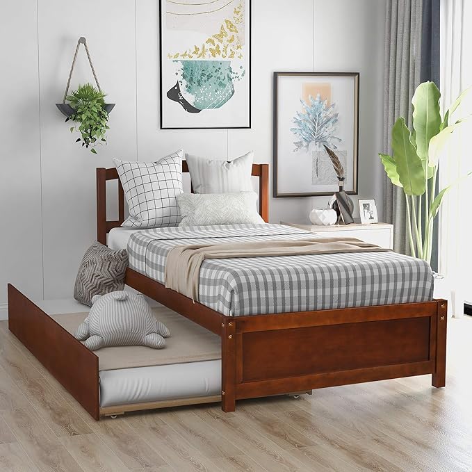 Ball & Cast Trundle Bed Twin,Twin Trundle Bed Frame Roll Out,Solid Wood Bed Frames with Headboard and Wooden Slats Support,for Bedroom,Guest Room,Apartment,Walnut