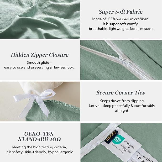 MILDLY Super Soft Duvet Cover 2pcs - 100% Washed Microfiber Sage Green Twin/Twin XL Comforter Cover Set with Zipper Closure & Corner Ties (No Comforter)