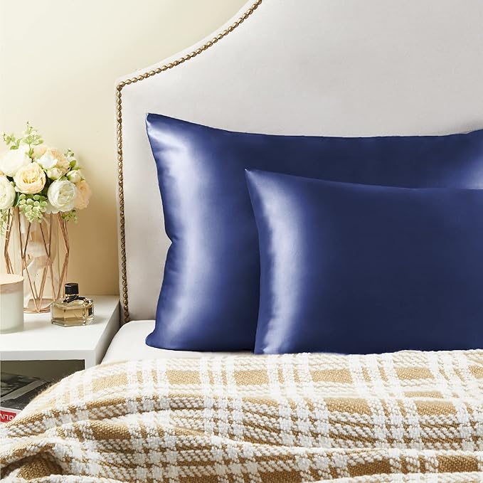 BEDELITE Satin Pillowcase for Hair and Skin, Super Soft and Cooling Similar to Silk Pillow Cases 2 Pack with Envelope Closure, Gift for Women Men(13"x18" Toddler Size, Navy)