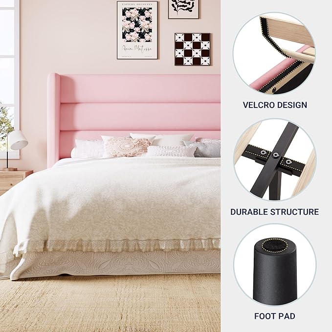 Allewie Queen Size Platform Bed Frame with Velvet Upholstered Wingback Headboard, No Box Spring Needed, Under Bed Storage Space, Strong Wooden Slats, Modern Mattress Foundation, Easy Assembly, Pink