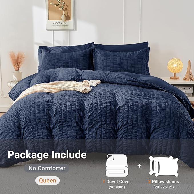 HYMOKEGE Navy Blue Duvet Cover Queen Size, Ultra Soft 3-Piece Seersucker Duvet Cover Set with Zipper Closure, Soft Brushed Microfiber Bedding Set with 8 Corner Ties (90"x90", 2 Pillowshams)