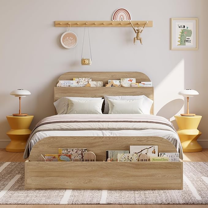GarveeHome Twin XL Size Bed Frame, Wooden Beds with Storage Headboard and Raised-Foodboard, Twin XL-Floor Low Platform Bed for Bedroom, Sturdy Wooden Slats Support, No Box Spring Needed, Natural