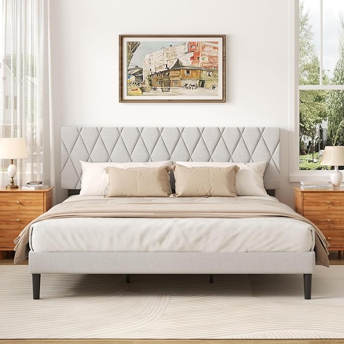 CXVX King Size Bed Frame with Diamond Tufted Headboard, Linen Upholstered Platform Bed and Wooden Slat Support, Noise-Free, No Box Spring Needed, Easy Assembly, Light Grey