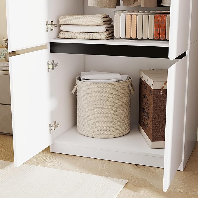 White Armoire Wardrobe Closet: 74" Large Wardrobe Closet with 4 Doors, Wood Closets Cabinet for Hanging Clothes, Freestanding Bedroom Armoires (63 in-4 Doors)
