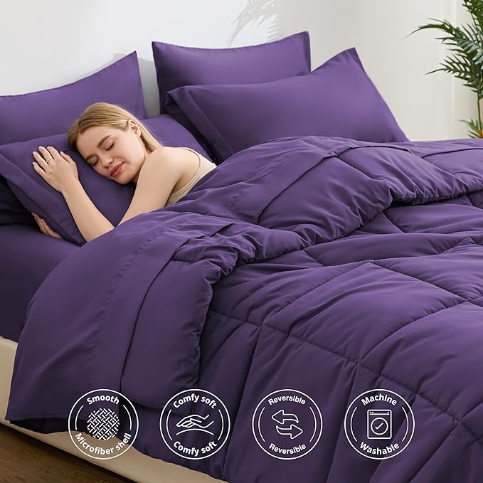 Love's cabin Twin Comforter Set Dark Purple, 5 Pieces Twin Bed in a Bag, All Season Bedding Sets with 1 Comforter, 1 Flat Sheet, 1 Fitted Sheet, 1 Pillowcase and 1 Pillow Sham | Soft, Breathable, Lightweight, Comfortable