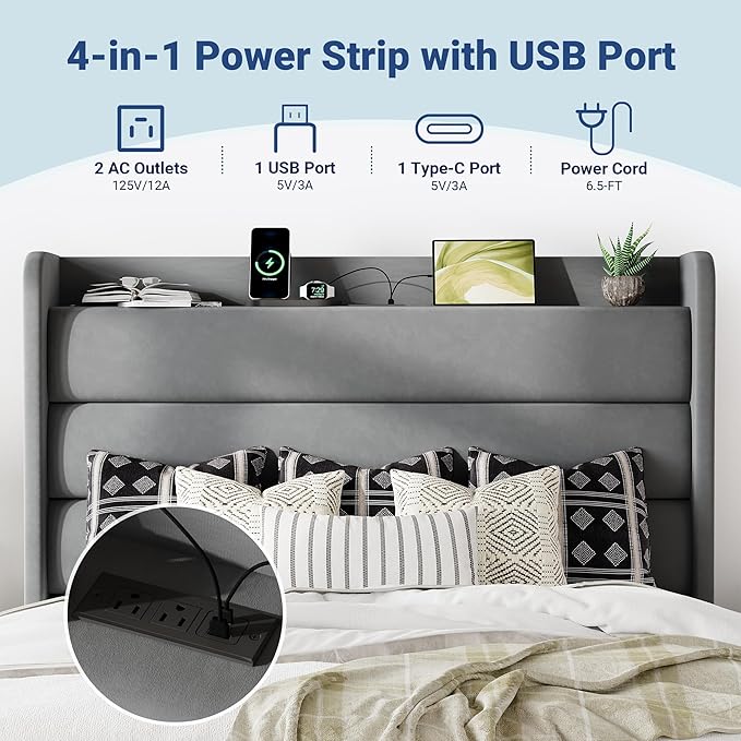 Allewie Full Size Upholstered Bed Frame with Charging Station & Storage Headboard, Soft Velvet Wingback Platform Bed, Strong Wooden Slats Support, No Box Spring Needed, Easy Assembly, Light Grey
