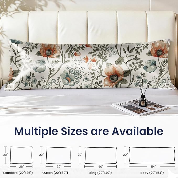 EXQ Home Satin Pillowcase for Hair and Skin - Printed Summer Flowers Silk Body Pillowcase 20x54 inches - Body Pillow Cases with Envelope Closure, Gifts for Women Men
