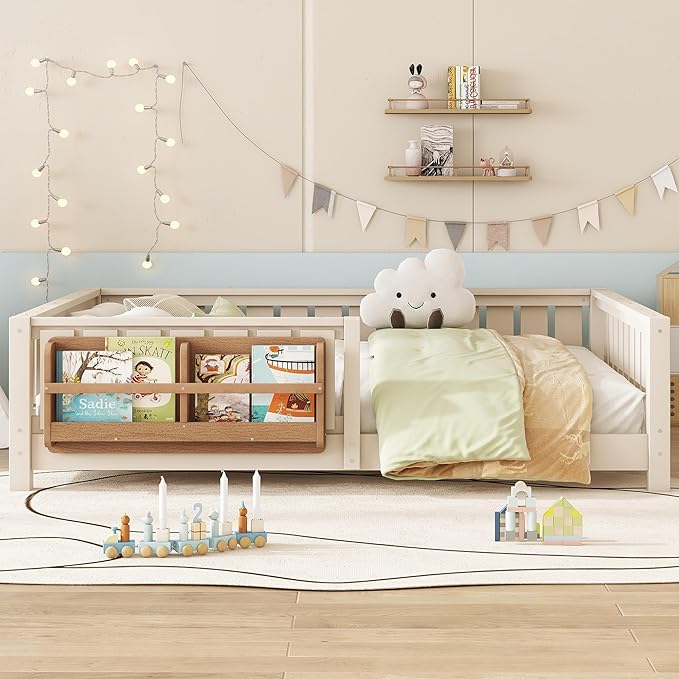 Bellemave Full Size Kids Montessori Bed with Bookshelf,Solid Wood Full Floor Bed Frame with Fence and Slats for Girls Boys,Low-Profile,Beige