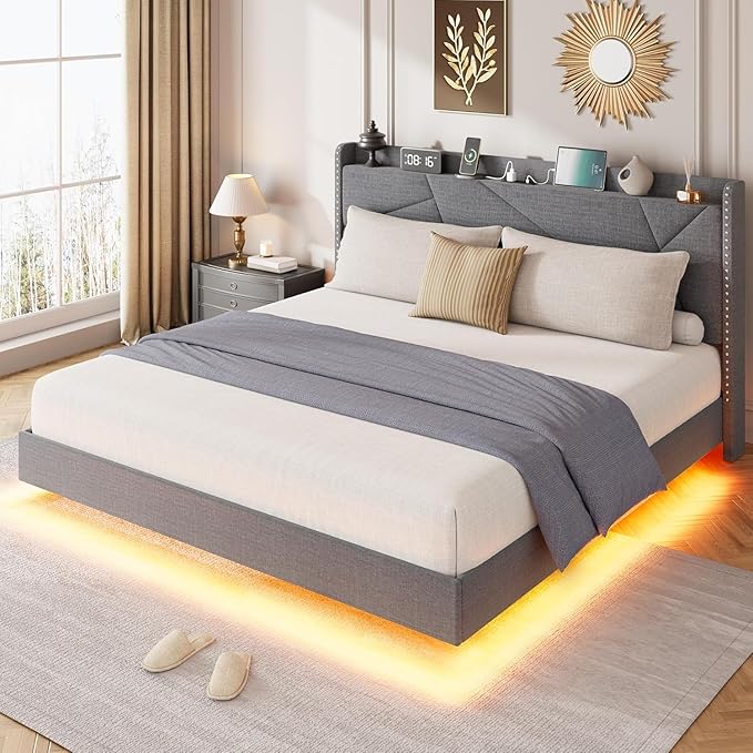 Garvee Queen Size Floating Bed Frame with RGB LED Lights and Charging Station, Upholstered Platform Bed with Storage Headboard and Button Tufted Design, No Box Spring Needed, Grey