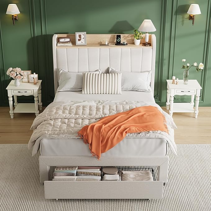 Garvee Upholstered Platform Bed Frame with Storage Headboard, Integrated Charging Station (2 USB Ports & AC Outlets), Spacious Drawers, Heavy Duty, Easy Assembly, Noise-Free - Queen/King, Grey/Beige