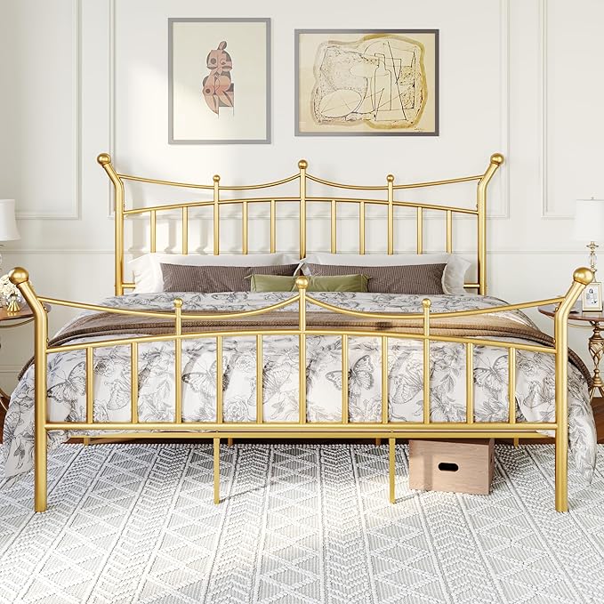 Allewie 14 Inches King Size Metal Platform Bed Frame with Elegant Crown Iron-Art Headboard & Footboard, Sturdy Mattress Foundation with Under-Bed Storage, Easy Assembly, No Box Spring Needed, Gold