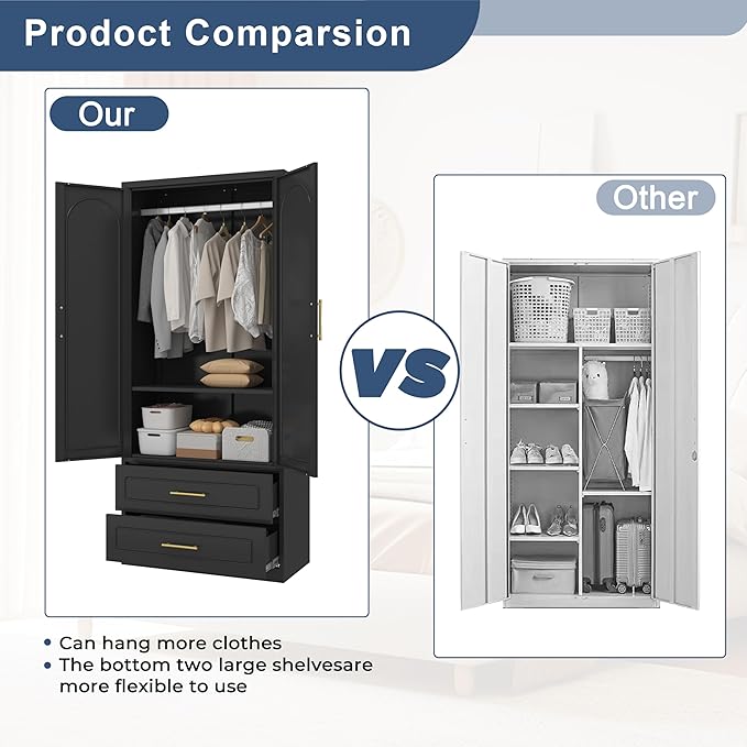 Metal Wardrobe Cabinets with Drawers,Black Armoire Wardrobe Closet with Hanging Rod,Clothes Storage Cabinet with Adjustable Shelves and Doors,Clothing Cabinet for Bedroom, Office, Laundry Room