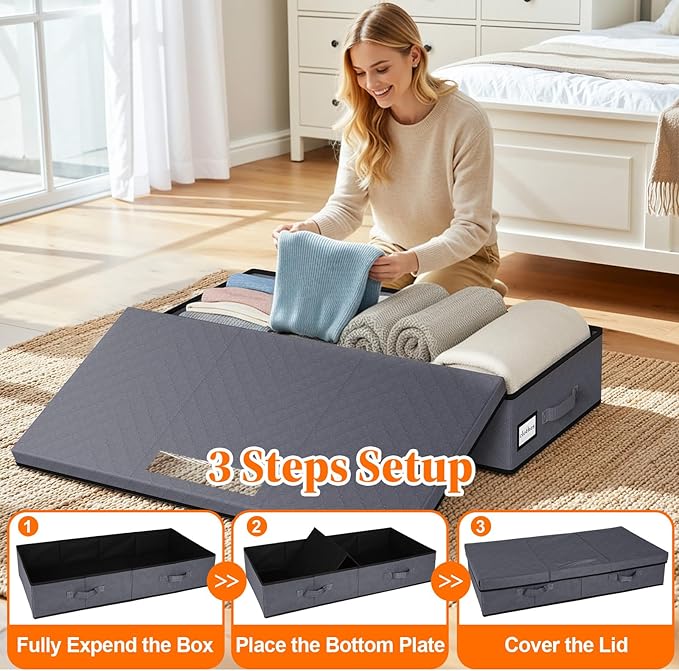 StoreHappily Under Bed Storage Containers with Lids - 3 Pack, Foldable and Stackable Clothes Storage Bags with Clear Window, 3-Sided Handles and Label Slot for Clothing, Blankets, Pillows (Grey)