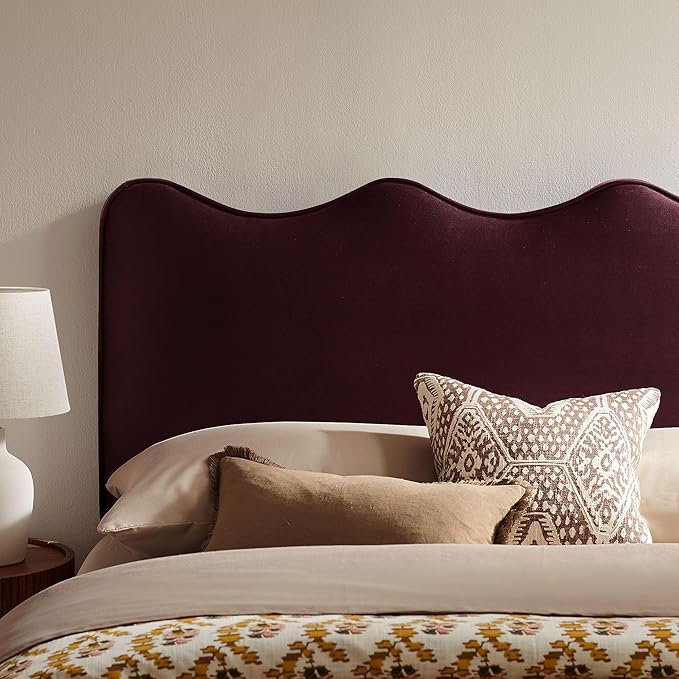 Monday Athena Full Size Performance Velvet Adjustable Headboard in Mulberry - with Scalloped Wave Design and Stain-Resistant Velvet Upholstery