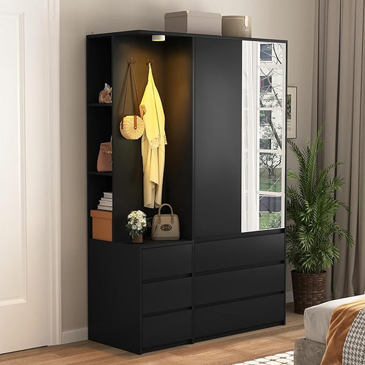 Armoire Wardrobe Closet with Mirror Door and LED Light, Bedroom Armoire with 6 Drawers, Modern Wooden Large Wardrobe Closet with Shelves, Wooden Armoire with Hanging Rod for Bedroom(Black)