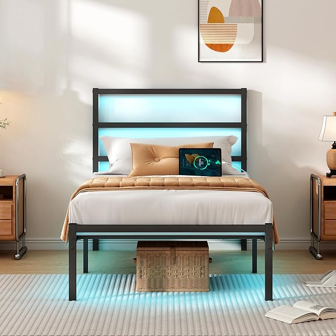 CLIBFENG Twin Bed Frame with Headboard,Heavy Duty Steel Slats Support-LED Bed Frame with USB Charging Station,Mattress Foundation-Under Bed Storage,No Box Spring Needed,Noise Free，Black