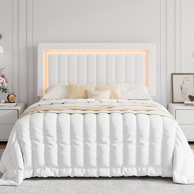 SHA CERLIN Queen Size Velvet Bed Frame with LED Light, Adjustable Vertical Channel Tufted Headboard, Strong Wooden Slats Support, Noise-Free, No Box Spring Needed, White